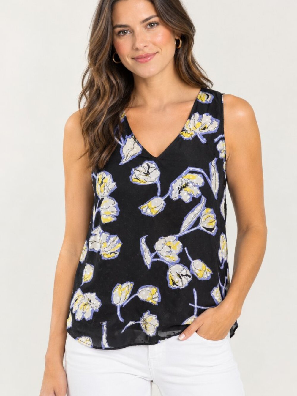 Apt. 9 Black Floral V-Neck Sleeveless Cami with Yellow & Lavender Print Size M